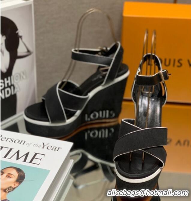 Perfect Louis Vuitton Canvas Wedge Sandal with 12cm Heel Black 0517064