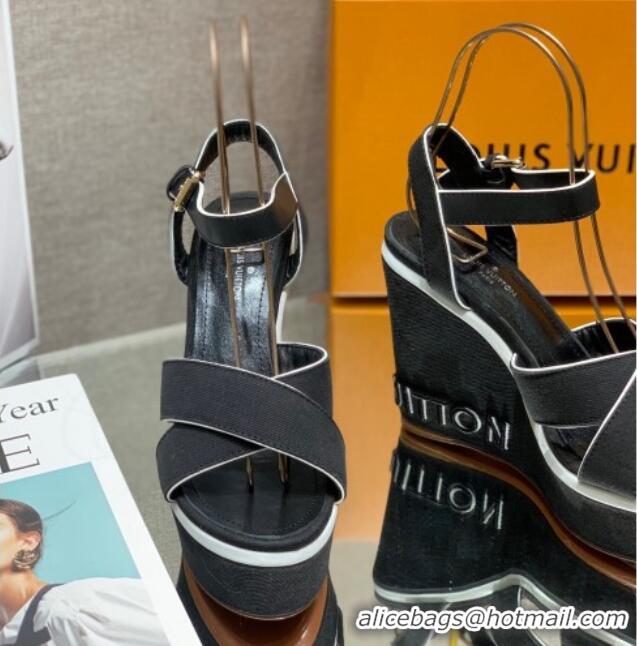 Perfect Louis Vuitton Canvas Wedge Sandal with 12cm Heel Black 0517064