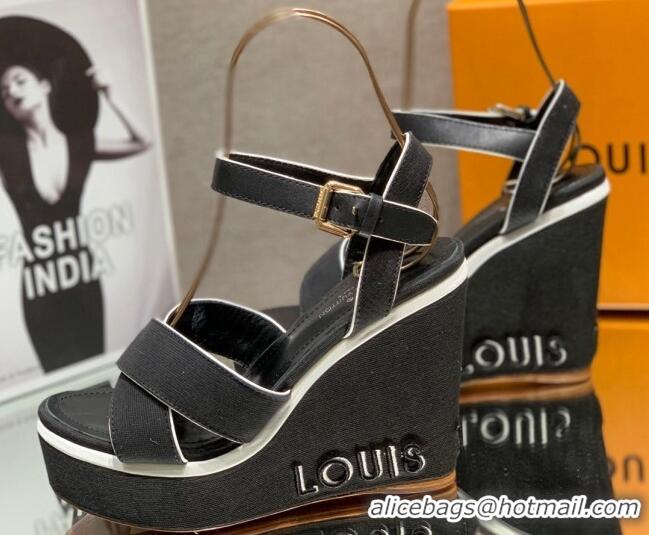 Perfect Louis Vuitton Canvas Wedge Sandal with 12cm Heel Black 0517064