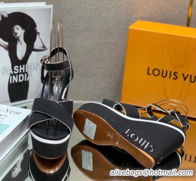 Perfect Louis Vuitton Canvas Wedge Sandal with 12cm Heel Black 0517064