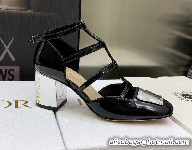 Sumptuous Dior La Parisienne Black Patent Leather Slingback Pumps with Silver Plate 6.5cm 050565