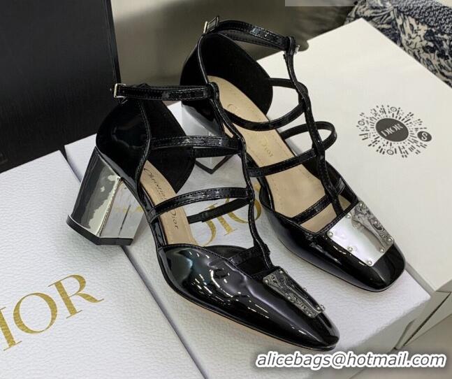 Sumptuous Dior La Parisienne Black Patent Leather Slingback Pumps with Silver Plate 6.5cm 050565