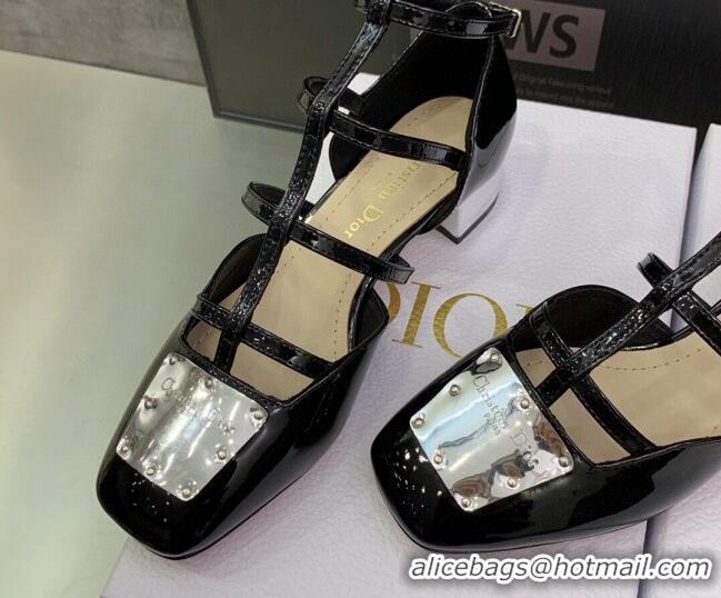 Duplicate Dior La Parisienne Black Patent Leather Slingback Pumps with Silver Plate 3.5cm 050566