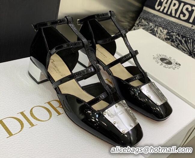 Duplicate Dior La Parisienne Black Patent Leather Slingback Pumps with Silver Plate 3.5cm 050566