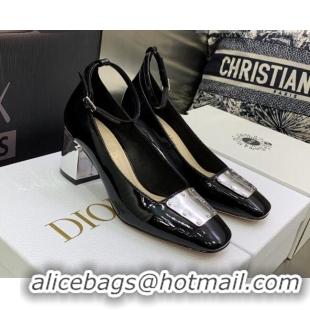 Generous Dior La Parisienne Black Patent Leather Pumps with Silver Plate and Ankle Strap 6.5cm 050567