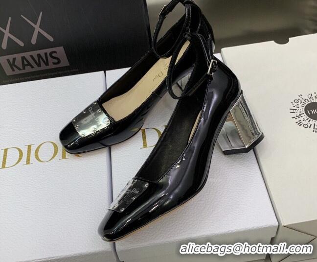 Generous Dior La Parisienne Black Patent Leather Pumps with Silver Plate and Ankle Strap 6.5cm 050567