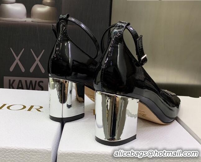 Generous Dior La Parisienne Black Patent Leather Pumps with Silver Plate and Ankle Strap 6.5cm 050567