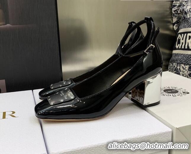 Generous Dior La Parisienne Black Patent Leather Pumps with Silver Plate and Ankle Strap 6.5cm 050567