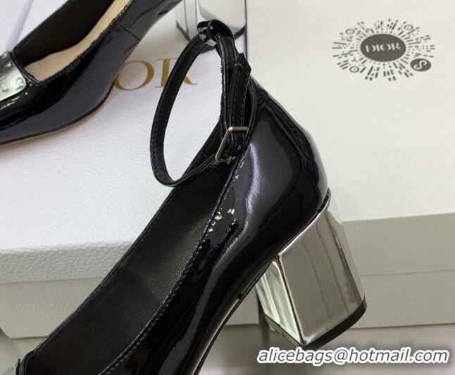 Generous Dior La Parisienne Black Patent Leather Pumps with Silver Plate and Ankle Strap 6.5cm 050567