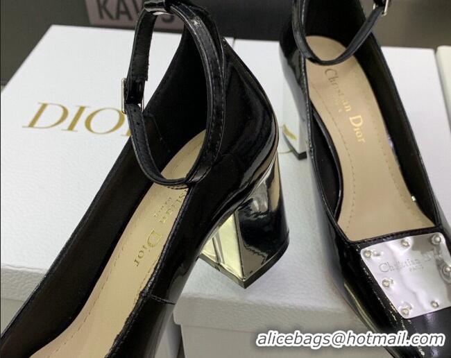 Generous Dior La Parisienne Black Patent Leather Pumps with Silver Plate and Ankle Strap 6.5cm 050567