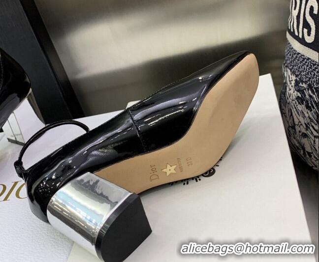 Generous Dior La Parisienne Black Patent Leather Pumps with Silver Plate and Ankle Strap 6.5cm 050567