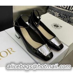 Low Price Dior La Parisienne Black Patent Leather Pumps with Silver Plate and Ankle Strap 3.5cm 050568