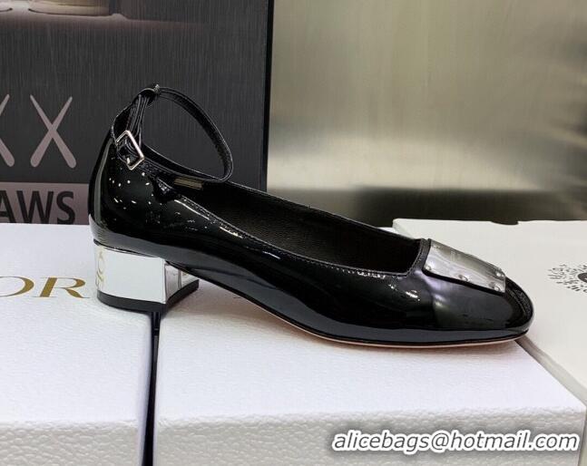 Low Price Dior La Parisienne Black Patent Leather Pumps with Silver Plate and Ankle Strap 3.5cm 050568