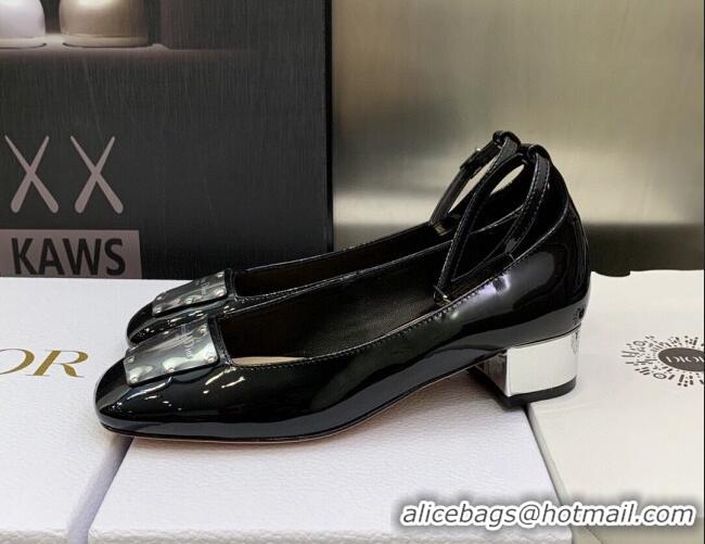 Low Price Dior La Parisienne Black Patent Leather Pumps with Silver Plate and Ankle Strap 3.5cm 050568