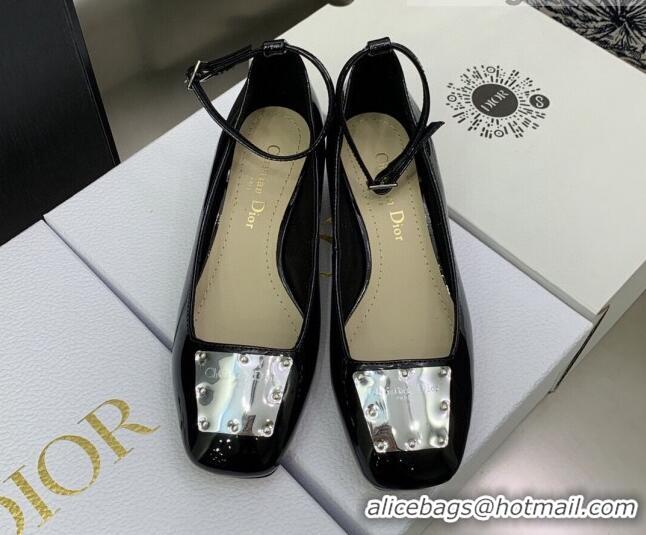 Low Price Dior La Parisienne Black Patent Leather Pumps with Silver Plate and Ankle Strap 3.5cm 050568