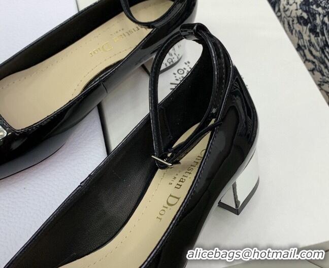 Low Price Dior La Parisienne Black Patent Leather Pumps with Silver Plate and Ankle Strap 3.5cm 050568