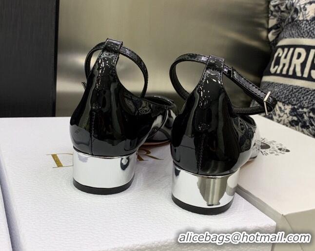 Low Price Dior La Parisienne Black Patent Leather Pumps with Silver Plate and Ankle Strap 3.5cm 050568