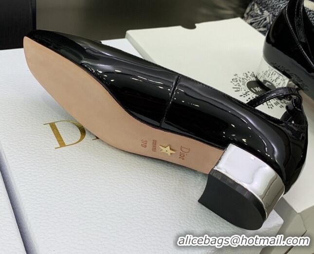 Low Price Dior La Parisienne Black Patent Leather Pumps with Silver Plate and Ankle Strap 3.5cm 050568