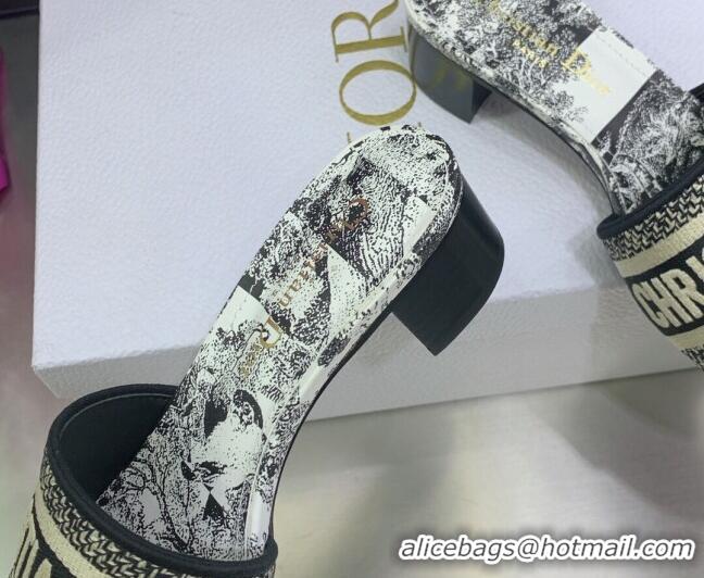 Good Quality Dior Dway Heeled Slide Sandals in Toile de Jouy Stripes Embroidery Beige/Black 052070