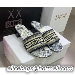 Unique Style Dior Dway Heeled Slide Sandals in Toile de Jouy Stripes Embroidery Navy Blue 052071