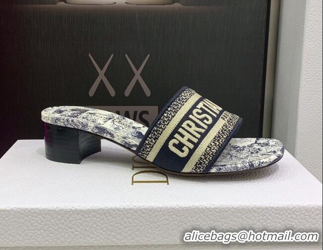 Unique Style Dior Dway Heeled Slide Sandals in Toile de Jouy Stripes Embroidery Navy Blue 052071