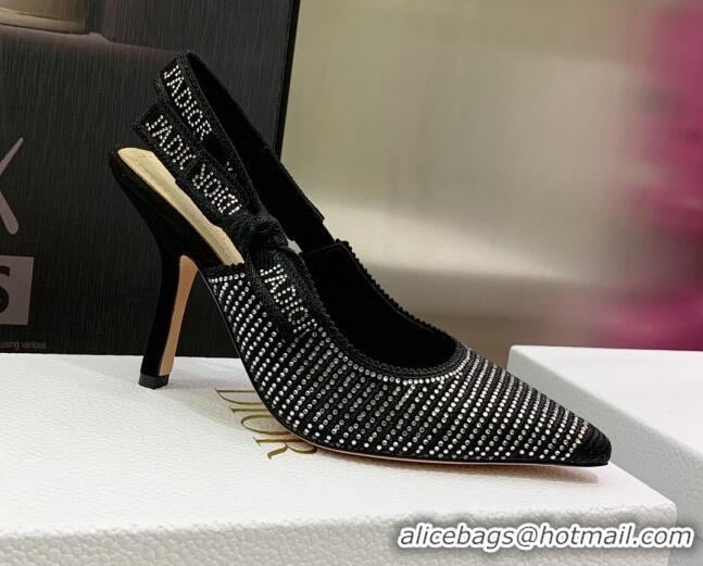 Perfect Dior J'Adior Slingback Pumps 9.5cm in Black Cotton Embroidered with Crystal 052078