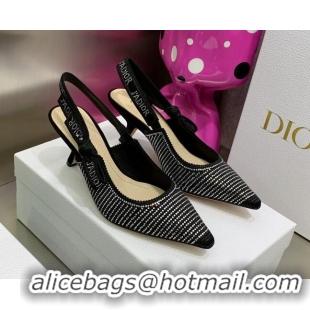 Low Price Dior J'Adior Slingback Pumps 6.5cm in Black Cotton Embroidered with Crystal 052079