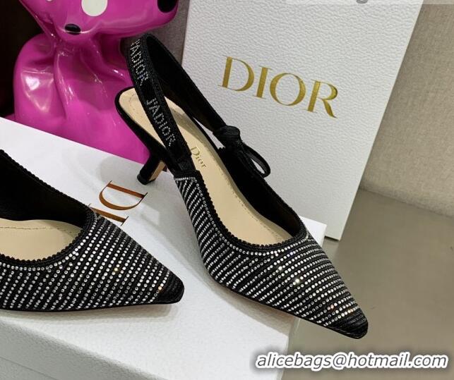 Low Price Dior J'Adior Slingback Pumps 6.5cm in Black Cotton Embroidered with Crystal 052079