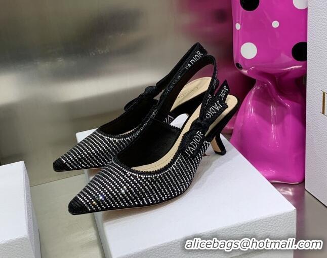 Low Price Dior J'Adior Slingback Pumps 6.5cm in Black Cotton Embroidered with Crystal 052079