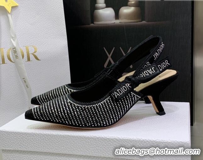 Low Price Dior J'Adior Slingback Pumps 6.5cm in Black Cotton Embroidered with Crystal 052079