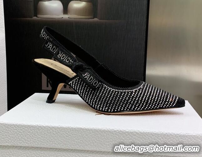 Low Price Dior J'Adior Slingback Pumps 6.5cm in Black Cotton Embroidered with Crystal 052079