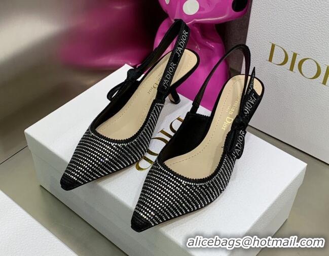 Low Price Dior J'Adior Slingback Pumps 6.5cm in Black Cotton Embroidered with Crystal 052079