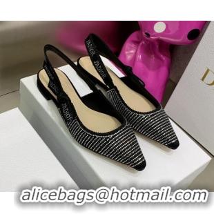 Best Price Dior J'Adior Slingback Ballerinas Flat in Black Cotton Embroidered with Crystal 052080