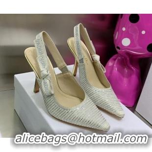 Top Grade Dior J'Adior Slingback Pumps 9.5cm in Grey Cotton Embroidered with Crystal 052081