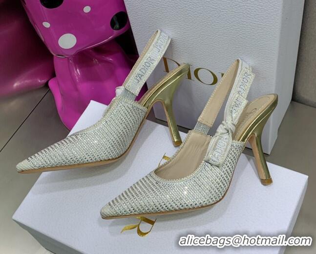 Top Grade Dior J'Adior Slingback Pumps 9.5cm in Grey Cotton Embroidered with Crystal 052081