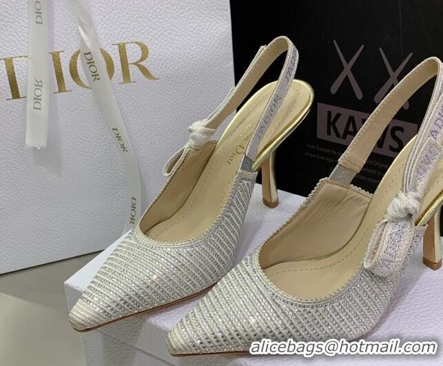 Top Grade Dior J'Adior Slingback Pumps 9.5cm in Grey Cotton Embroidered with Crystal 052081