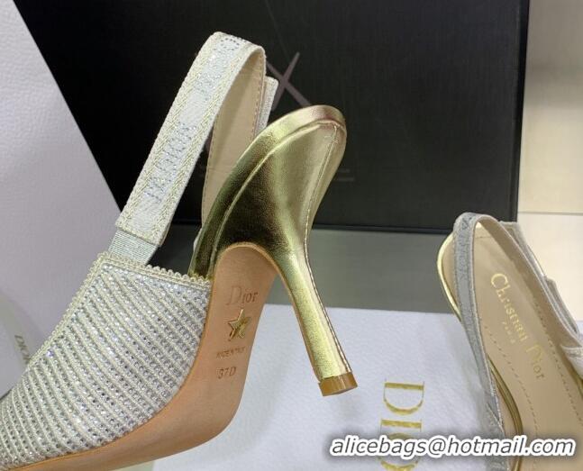 Top Grade Dior J'Adior Slingback Pumps 9.5cm in Grey Cotton Embroidered with Crystal 052081