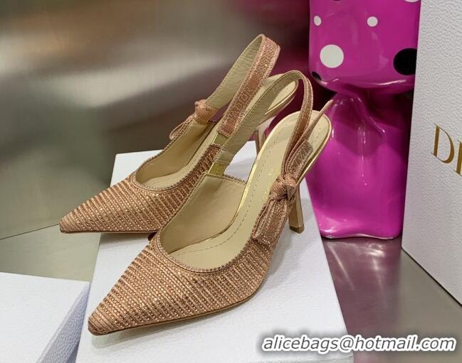 Classic Hot Dior J'Adior Slingback Pumps 9.5cm in Pink Cotton Embroidered with Crystal 052084