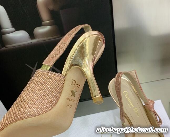 Classic Hot Dior J'Adior Slingback Pumps 9.5cm in Pink Cotton Embroidered with Crystal 052084