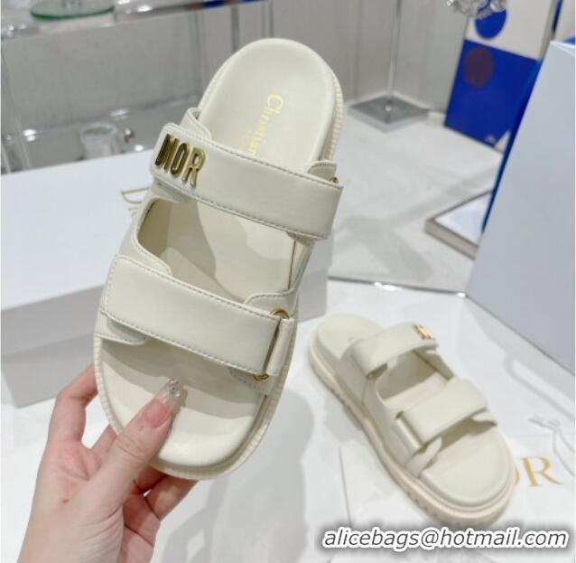 Good Quality Dior DiorAct Lambskin Flat Slide Sandals White 052089