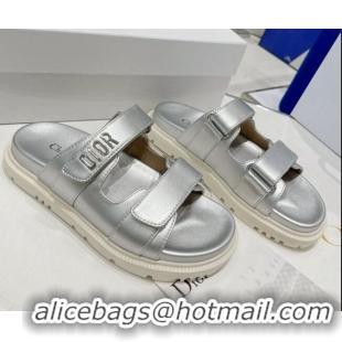 Classic Dior DiorAct Lambskin Flat Slide Sandals Silver 052093