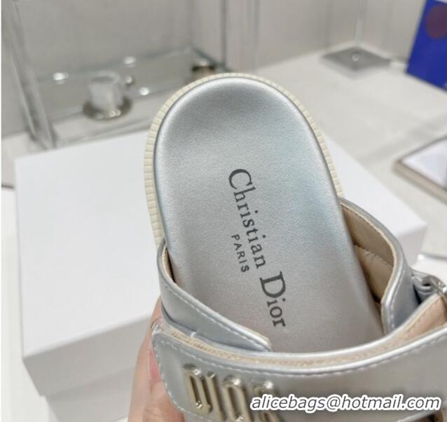 Classic Dior DiorAct Lambskin Flat Slide Sandals Silver 052093