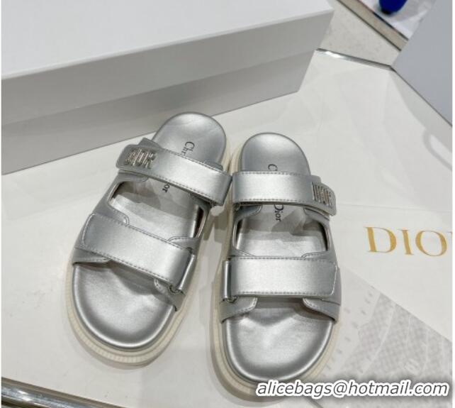 Classic Dior DiorAct Lambskin Flat Slide Sandals Silver 052093