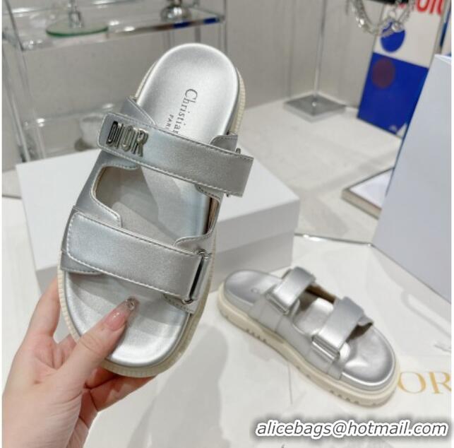 Classic Dior DiorAct Lambskin Flat Slide Sandals Silver 052093