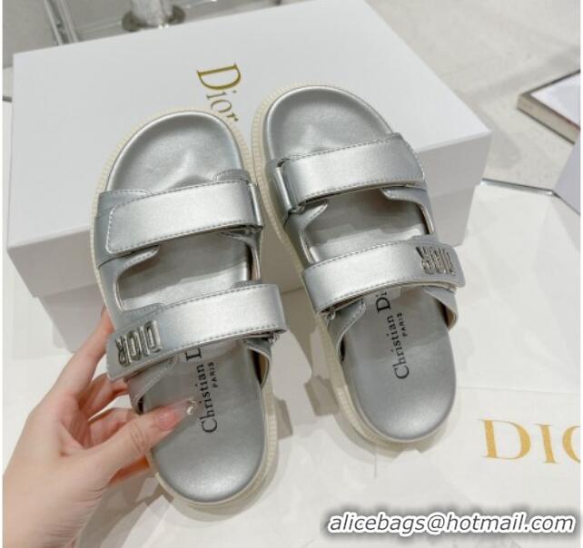 Classic Dior DiorAct Lambskin Flat Slide Sandals Silver 052093