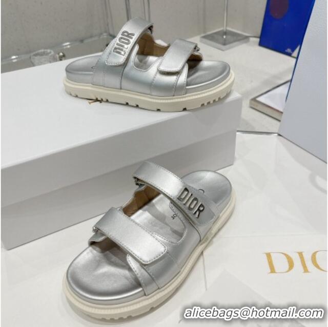 Classic Dior DiorAct Lambskin Flat Slide Sandals Silver 052093