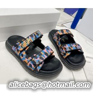 Top Design Dior DiorAct Mizza Print Fabric Flat Slide Sandals Blue/Orange 052098