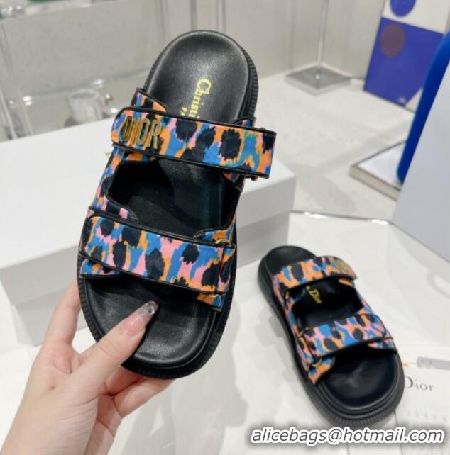 Top Design Dior DiorAct Mizza Print Fabric Flat Slide Sandals Blue/Orange 052098