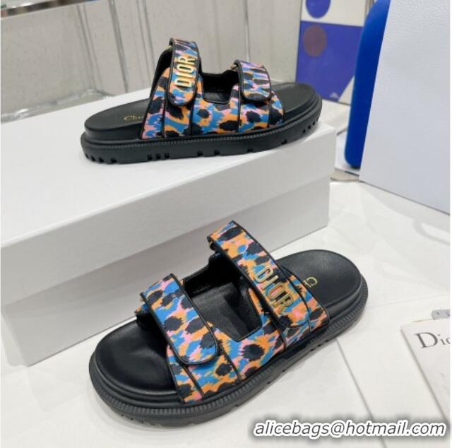 Top Design Dior DiorAct Mizza Print Fabric Flat Slide Sandals Blue/Orange 052098