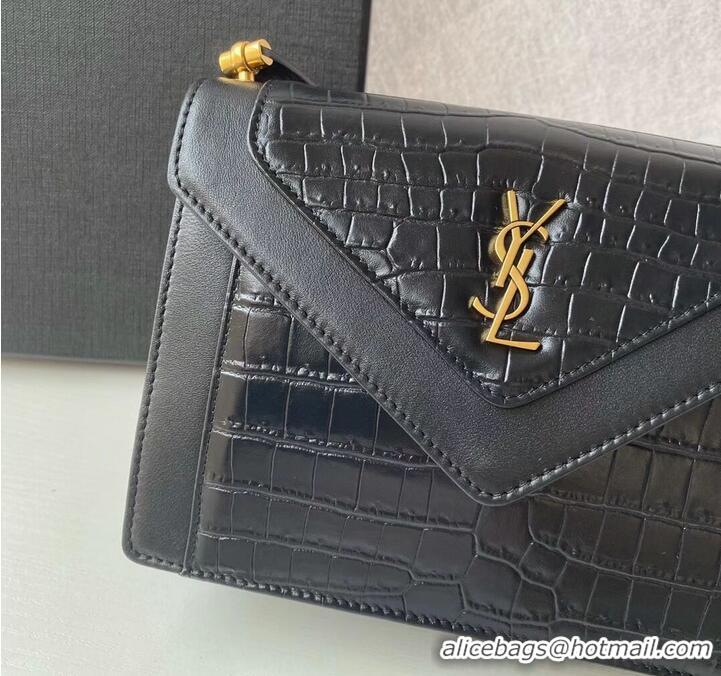 Inexpensive Yves Saint Laurent GABY MINI SATCHEL CROCODILE-EMBOSSED SHINY LEATHER Y568890 black